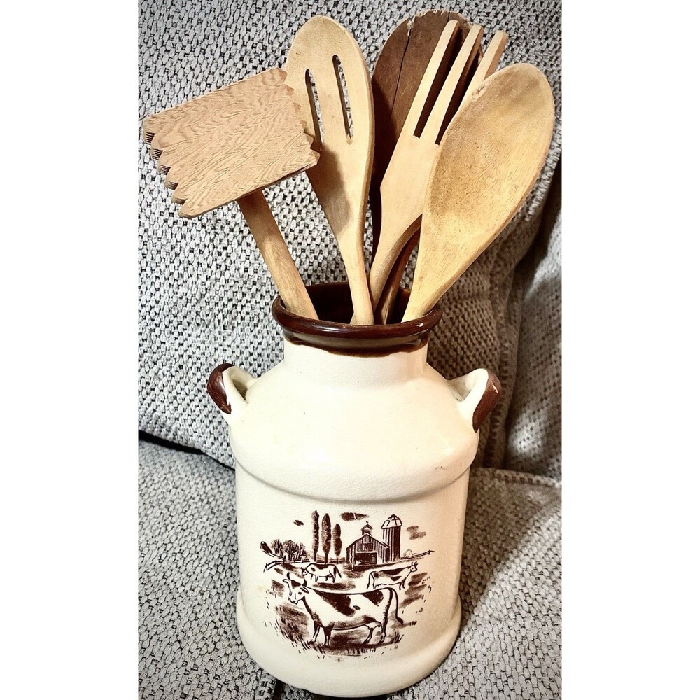 Vintage Himark Kitchen Utensil Farm Scene Crock & Wooden Utensils Country Decor